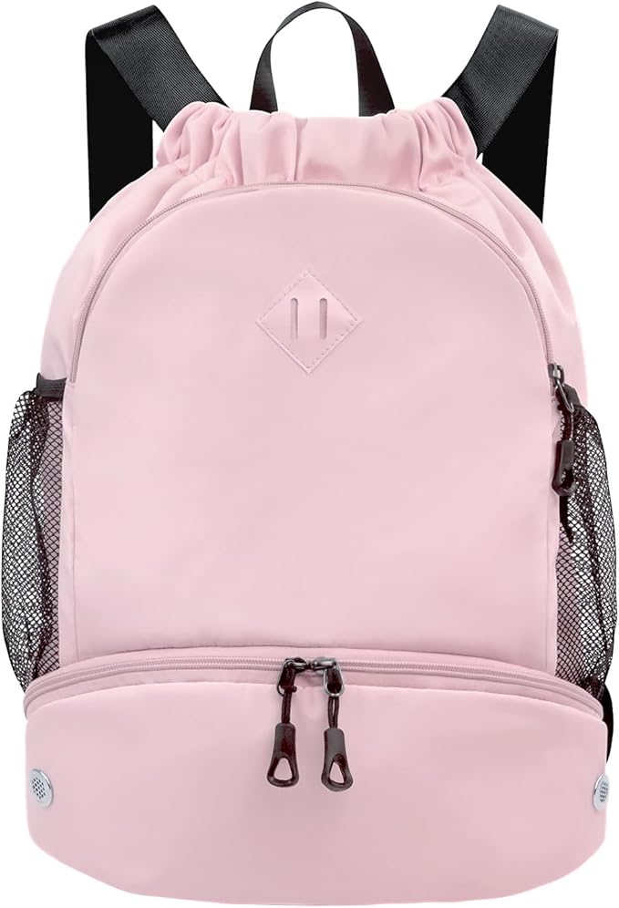 Drawstring Backpack Gym Backpack with Shoe Compartment for Men Women String Sports Bag with Wet Pocket Cinch Swim Beach Bag, Pink (Patent Pending)