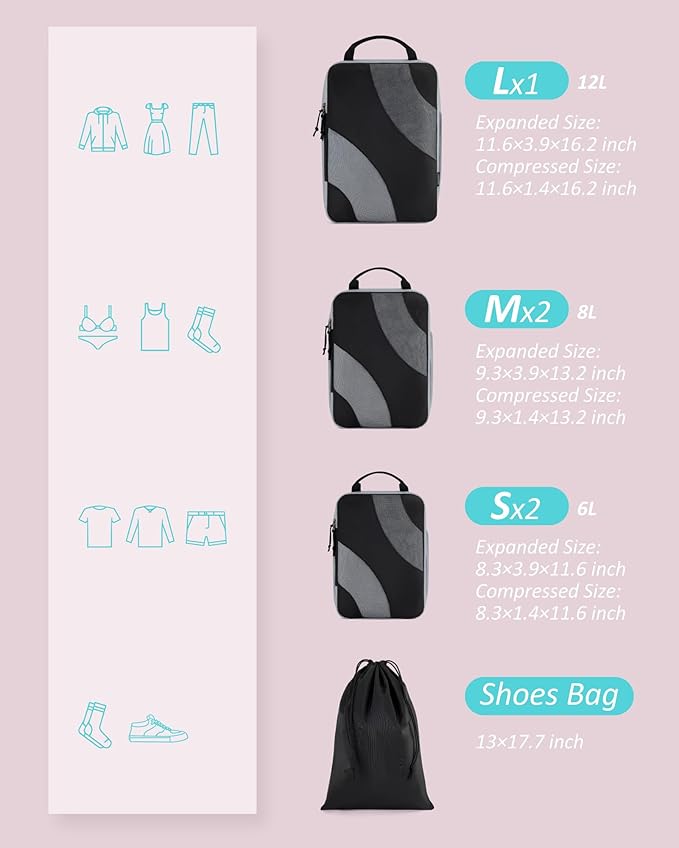 BAGSMART Compression Packing Cubes, 6 Set/4 Set/2 Set Travel Packing Cubes for Carry on Suitcases, Compression Suitcase Organizers Bag Set & Travel Cubes for Luggage, Lightweight Packing Organizers