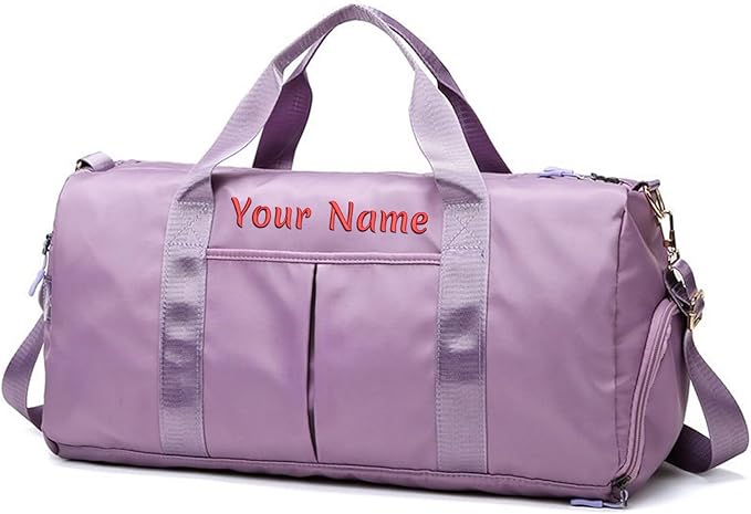 Personalized Duffel Bag, Custom Name Embroidered Gym Bag, Sports Bag with Wet and Dry Pocket & Shoe Compartment, Overnight Excursion Bag, Weekend Travel Bag, Dance & Yoga Bag (Purple)