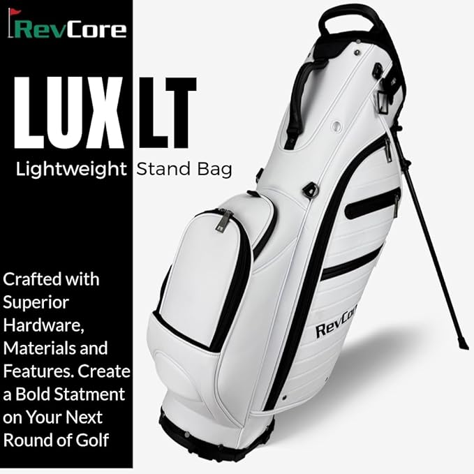 RevCore LT Lightweight Golf Stand Bag by CaddyDaddy – Premium Synthetic Leather Carry Golf Bag for Men & Women with 5-Way Divider, Cooler Pocket, Dual Strap – Golf Bag with Stand