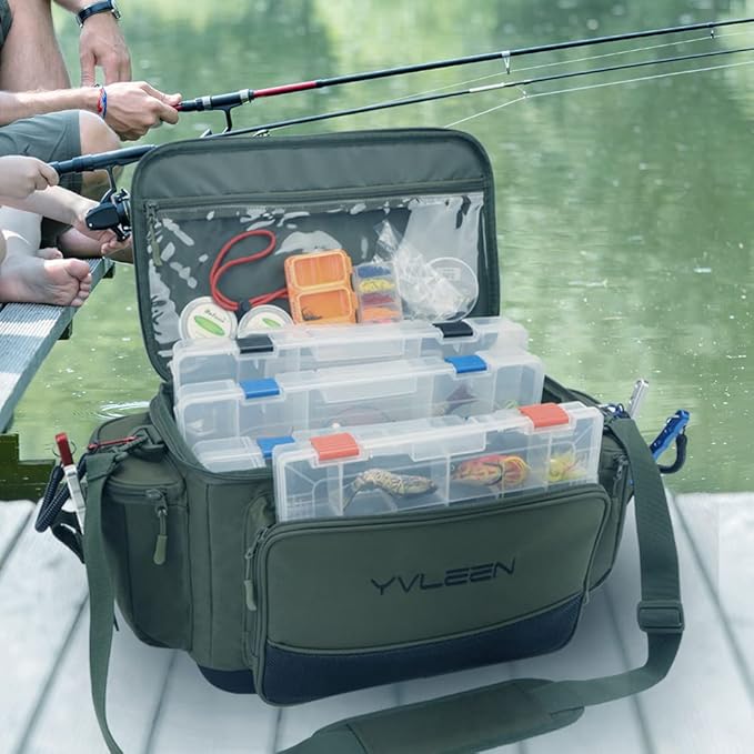 YVLEEN Fishing Tackle Box Bag - Outdoor Large Fishing Tackle Storage Bag - 100% Water-Resistant Polyester Material - Fishing Tackle Bags - Suitable for 3600 3700 Tackle Box (Army Green)