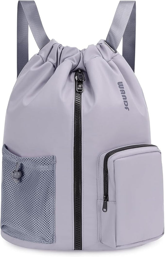WANDF Drawstring Backpack Sports Gym Bag with Shoes Compartment, Water-Resistant String Beach Sackpack Swim Bag for Women and Men (Grey)