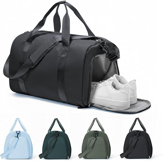 Gym Duffle Bag for Women Carry on Luggage Travel Essentials Airline Approved Personal Item 18x14x8 Inches Lightweight Weekender Sports Travel Duffel Bag with Shoe Compartment Wet Pocket Men Black