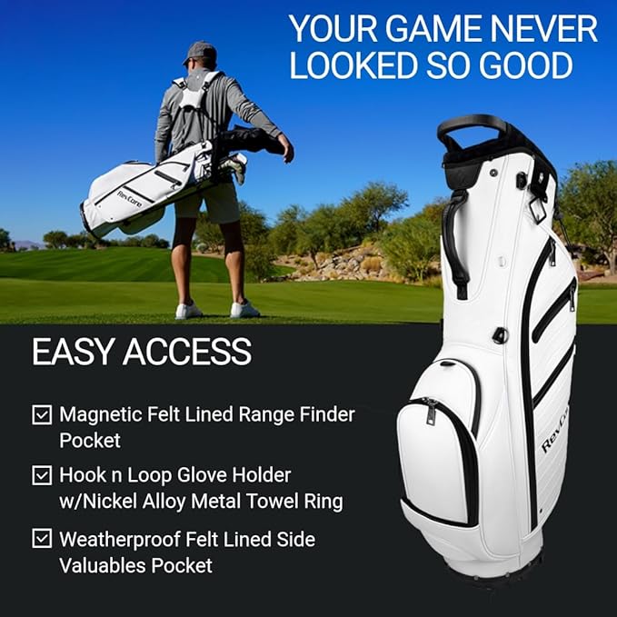 RevCore LT Lightweight Golf Stand Bag by CaddyDaddy – Premium Synthetic Leather Carry Golf Bag for Men & Women with 5-Way Divider, Cooler Pocket, Dual Strap – Golf Bag with Stand