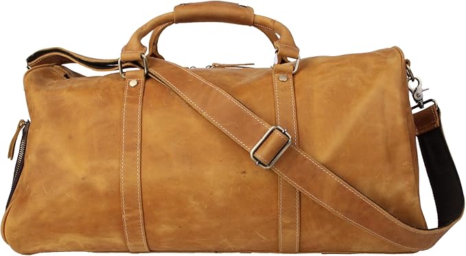 Vintage Crazy Horse Leather Travel Duffel Bag with Shoe Compartment Multi-Carry Duffle +Brass Anti-Scratch Feet/Business/Casual/Travel(5096-Yellow)