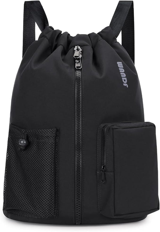 WANDF Drawstring Backpack Sports Gym Bag with Shoes Compartment, Water-Resistant String Beach Sackpack Swim Bag for Women and Men (Black)