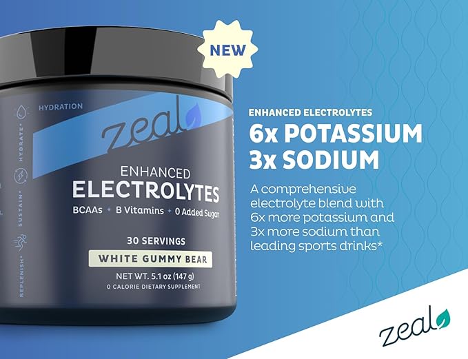Zeal Electrolyte Powder - 30 Servings | Keto Electrolytes Powder | Zero Sugar, BCAAs, B-Vitamins | Potassium, Zinc, Magnesium | Hydration Powder Recovery Drink | White Gummy Bear
