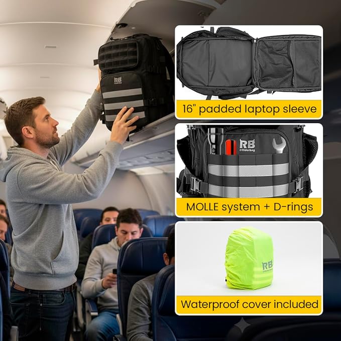 Xtreme 30L Tactical Backpack - Carry-On Travel and Gym Daypack with 16-inch Laptop Sleeve, Stick Holder, Double Bottle Pockets, Recycled-Fabric Shell, Reliable Zippers, Rain Cover (Black)