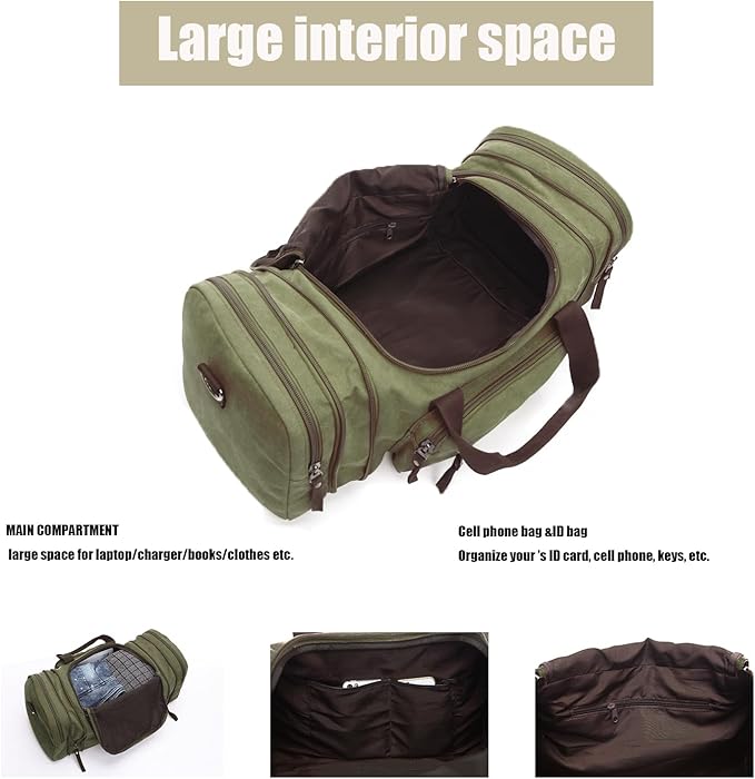 Travel bag large capacity men's luggage bag, expandable canvas leather 55 liters large capacity weekend hiking waterproof(green)