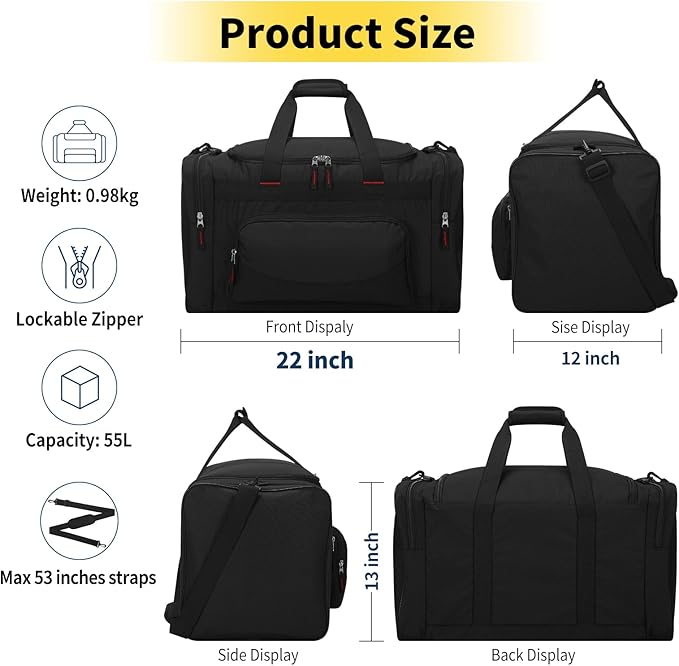 22 inch Gym Bag for Men - 55L Large Travel Duffle Bag Sports Equipment Bag with Multiple Zippered Pockets,Outdoor Workout Duffle Bag for Overnight Weekend - Black