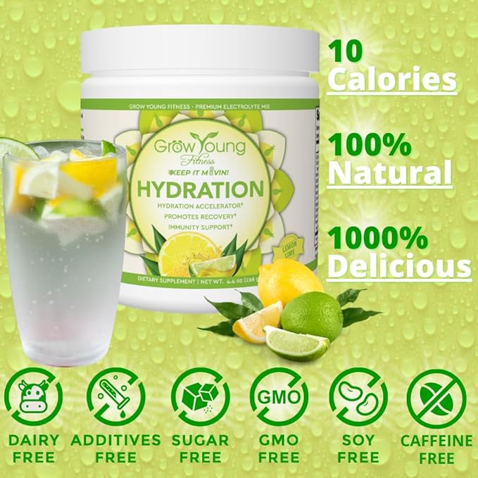 Grow Young Fitness Hydration Powder - Lemon Lime, Premium Electrolyte Mix for Proactive Hydration, Vitamins and Sugar Free (1 Pack, 30 Servings)