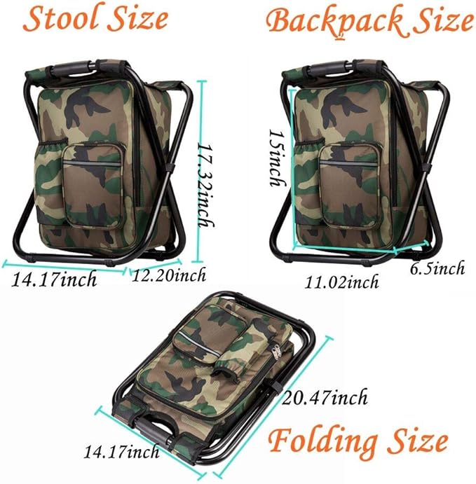 Bright starl Upgraded Large Size 3 in1 Multifunction Fishing Backpack Chair, Portable Hiking Camouflage Camping Stool, Folding Cooler Insulated Picnic Bag Backpack Stool