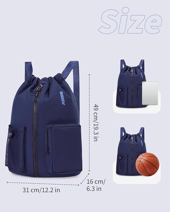 WANDF Drawstring Backpack Sports Gym Bag with Shoes Compartment, Water-Resistant String Beach Sackpack Swim Bag for Women and Men (Navy Blue)