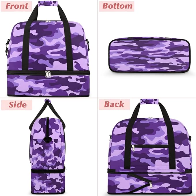 Travel Duffle Bags With Shoes Compartment for Women Men Purple Camouflage Camo Lightweigh Sports Tote Gym Bag Foldable Canvas Weekender Overnight Carry On Luggage Handle Bag