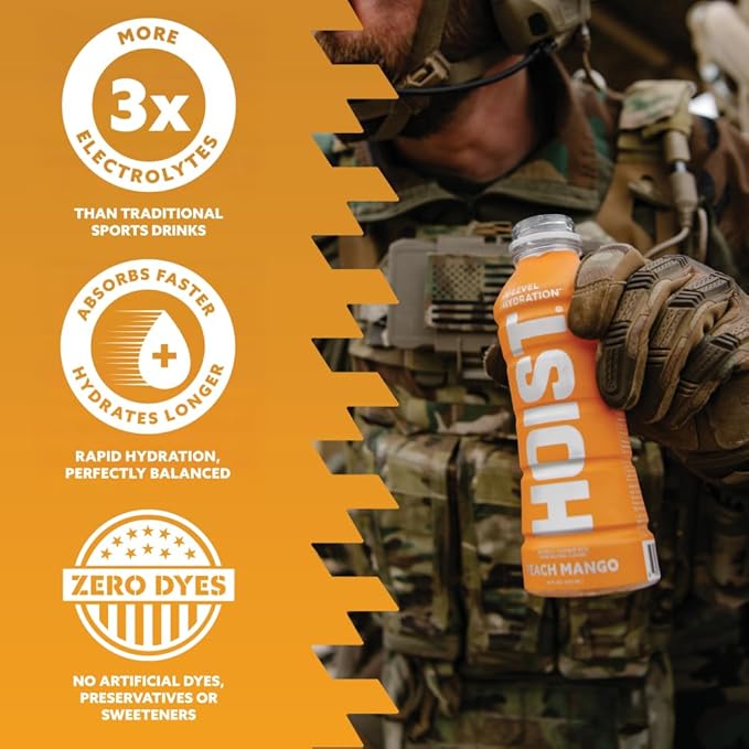 HOIST Premium Military Hydration Electrolyte Drink, Powerful IV-Level Hydration, Clinically Proven Performance Drink, Peach Mango, 16 Fl Oz (Pack of 12)