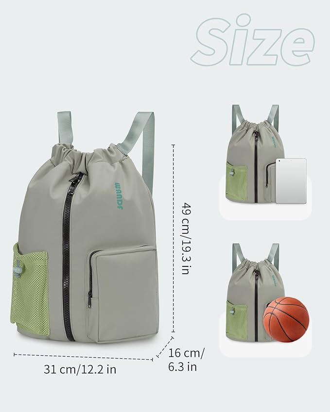 WANDF Drawstring Backpack Sports Gym Bag with Shoes Compartment, Water-Resistant String Beach Sackpack Swim Bag for Women and Men (Dark Green)