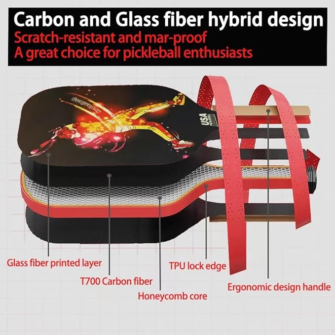USAPA Approved Pickle Ball Rackets 2 Pack - Professional Hybrid Carbon-Glass Fiber, 16mm Honeycomb Core Complete Pickle Ball Set with Indoor/Outdoor Balls & Carry Bag, Unisex Design