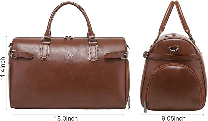 Vegan Leather Duffle Bag, LXY Travel Duffle Weekender Bag with Shoe Compartment, Duffel Overnight Gym Bags for Women Men Brown