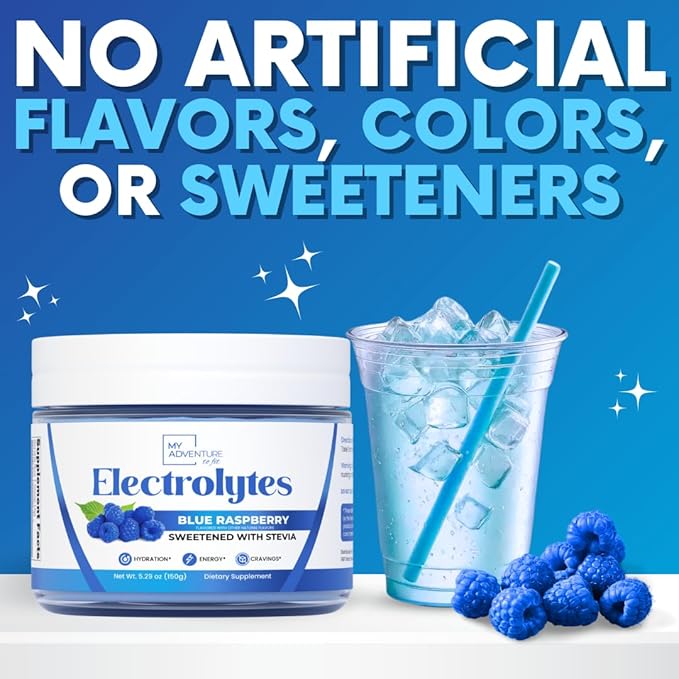 Zero Sugar - Blue Raspberry Electrolytes Powder - Refreshing Hydration - Caffeine Free Energy - All Natural Ingredients - Vegan, Keto and Paleo - Sugar Free Electrolyte Powder Drink Mix - 37 Servings