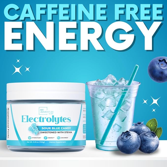 Zero Sugar - Sour Blue Candy Electrolytes Powder - Refreshing Hydration - Caffeine Free Energy - All Natural Ingredients - Vegan, Keto & Paleo - Sugar Free Electrolyte Powder Drink Mix - 30 Servings