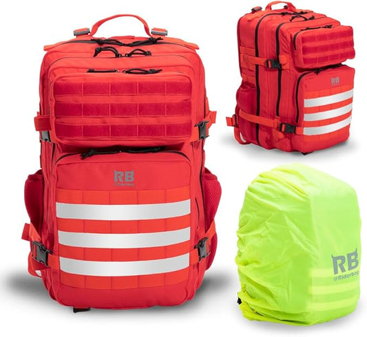 Xtreme 45L Tactical Backpack - Large Travel and Gym Backpack with 16-inch Laptop Sleeve, Stick Holder, Double Bottle Pockets, Recycled-Fabric Shell, Reliable Zippers, Rain Cover (Red)