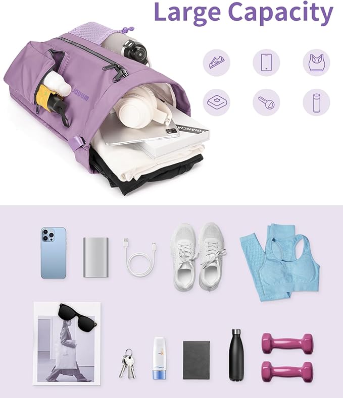 WANDF Drawstring Backpack Sports Gym Bag with Shoes Compartment, Water-Resistant String Beach Sackpack Swim Bag for Women and Men (Lilac Purple) | Water-Resistant, Swim Bag