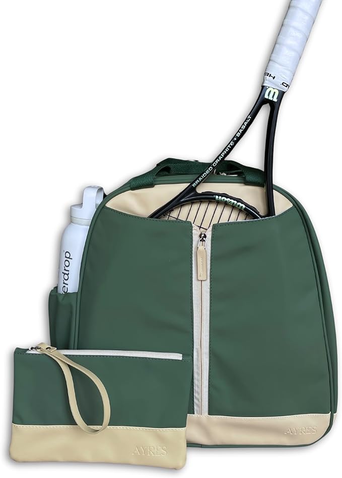 AYRES Tennis Backpack - Spacious Womens Tennis, Padel & Pickleball Bag | Quick-Access Racket Compartment (Fits 2) | Designer Tennis Bag, Water-Resistant & Easy To Clean, Makeup Pouch Included