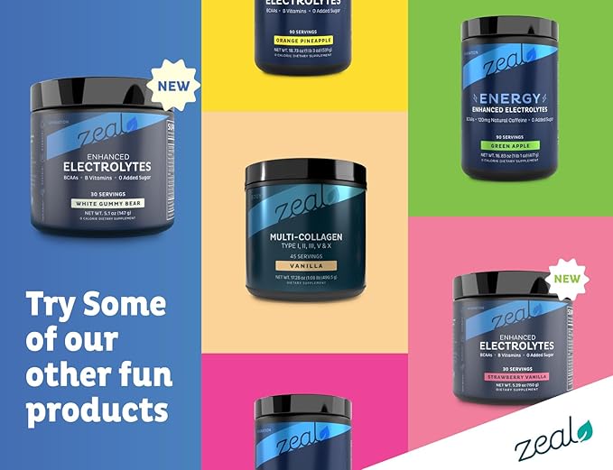 Zeal Electrolyte Powder - 30 Servings | Keto Electrolytes Powder | Zero Sugar, BCAAs, B-Vitamins | Potassium, Zinc, Magnesium | Hydration Powder Recovery Drink | White Gummy Bear