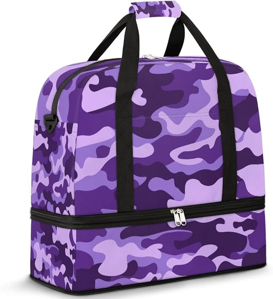 Travel Duffle Bags With Shoes Compartment for Women Men Purple Camouflage Camo Lightweigh Sports Tote Gym Bag Foldable Canvas Weekender Overnight Carry On Luggage Handle Bag