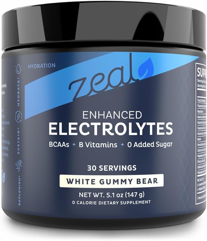 Zeal Electrolyte Powder - 30 Servings | Keto Electrolytes Powder | Zero Sugar, BCAAs, B-Vitamins | Potassium, Zinc, Magnesium | Hydration Powder Recovery Drink | White Gummy Bear