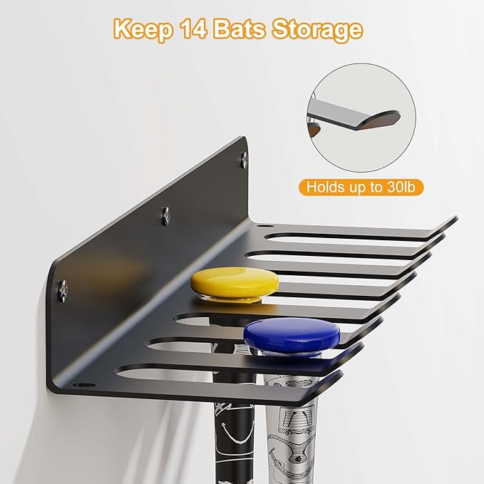 Baseball Bat Rack, 14 Bats Display Rack, Metal Bat Hanger, Bat Holder for Dugout Fence Garage, Black