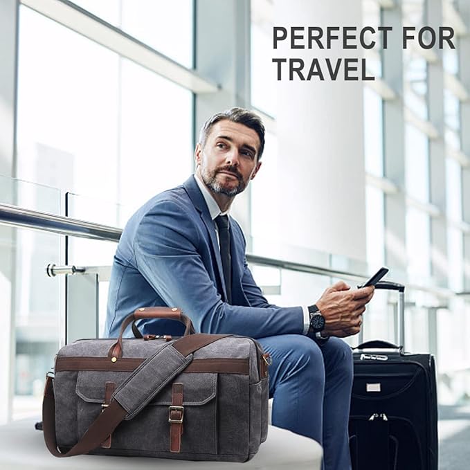 Duffle Bag for Men Waterproof Genuine Leather Canvas Travel Duffel Bags for Women Overnight Weekender Bag for Traveling