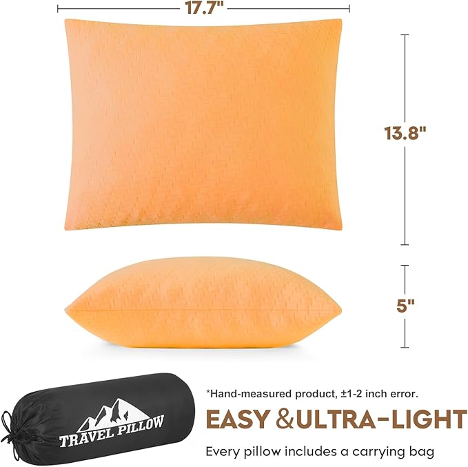 Small Shredded Memory Foam Pillow, Camping Pillow Travel Pillow - Compressible Medium Firm, Breathable Cover, Ideal Backpacking Hiking, Airplane and Car (Apricot Yellow, M)