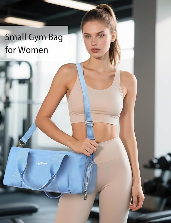 Sports Small Gym Bag for Women, Cute Mini Duffle Bag with Wet Pocket & Shoes Compartment, Personal Item Travel Workout Bag, 16"- Small, Sky Blue