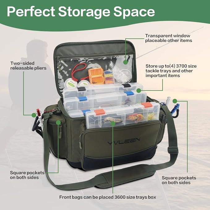 YVLEEN Fishing Tackle Box Bag - Outdoor Large Fishing Tackle Storage Bag - 100% Water-Resistant Polyester Material - Fishing Tackle Bags - Suitable for 3600 3700 Tackle Box (Army Green)