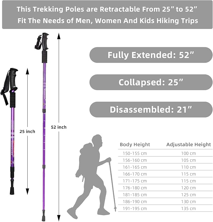 Aihoye Hiking Trekking Poles, 2 Pack Collapsible, Lightweight, Anti Shock, Walking Sticks, Adjustable Hiking Pole for Men and Women