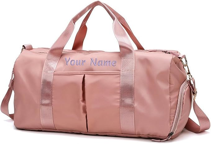 Personalized Duffel Bag, Custom Name Embroidered Gym Bag, Sports Bag with Wet and Dry Pocket & Shoe Compartment, Overnight Excursion Bag, Weekend Travel Bag, Dance & Yoga Bag (Pink)