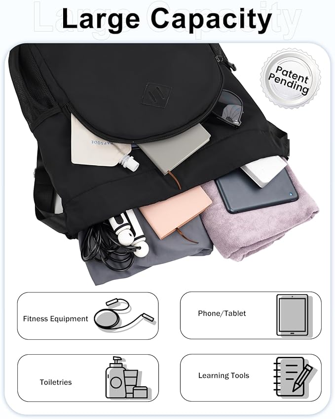 Drawstring Backpack Gym Backpack with Shoe Compartment for Men Women String Sports Bag with Wet Pocket Cinch Swim Beach Bag, Black (Patent Pending)