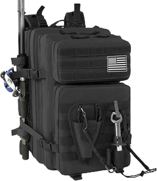 Large 45L Tactical Fishing Tackle Backpack with Removable Plier Holder & Rod Holders Storage Fishing Gear and Equipment Tackle Bag Hiking Backpack Black without Tackle Boxes