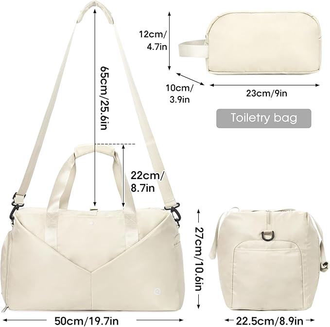 Ceneda 20" Gym Bag for Women with Wet Pocket & Shoe Compartment, Lightweight Duffel Waterproof Carry On Duffle for Travel, Yoga, Overnight (Ivory)