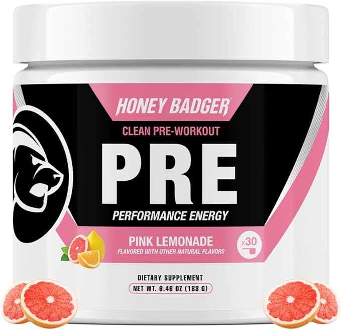 Honey Badger Pre Workout Powder, Keto Vegan Preworkout for Men & Women, Beta Alanine & Caffeine, Sugar Free Natural Energy Supplement, Pink Lemonade, 30 Servings