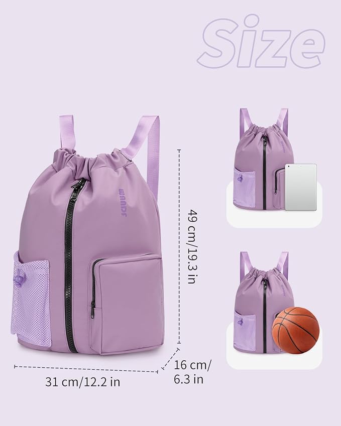WANDF Drawstring Backpack Sports Gym Bag with Shoes Compartment, Water-Resistant String Beach Sackpack Swim Bag for Women and Men (Lilac Purple) | Water-Resistant, Swim Bag