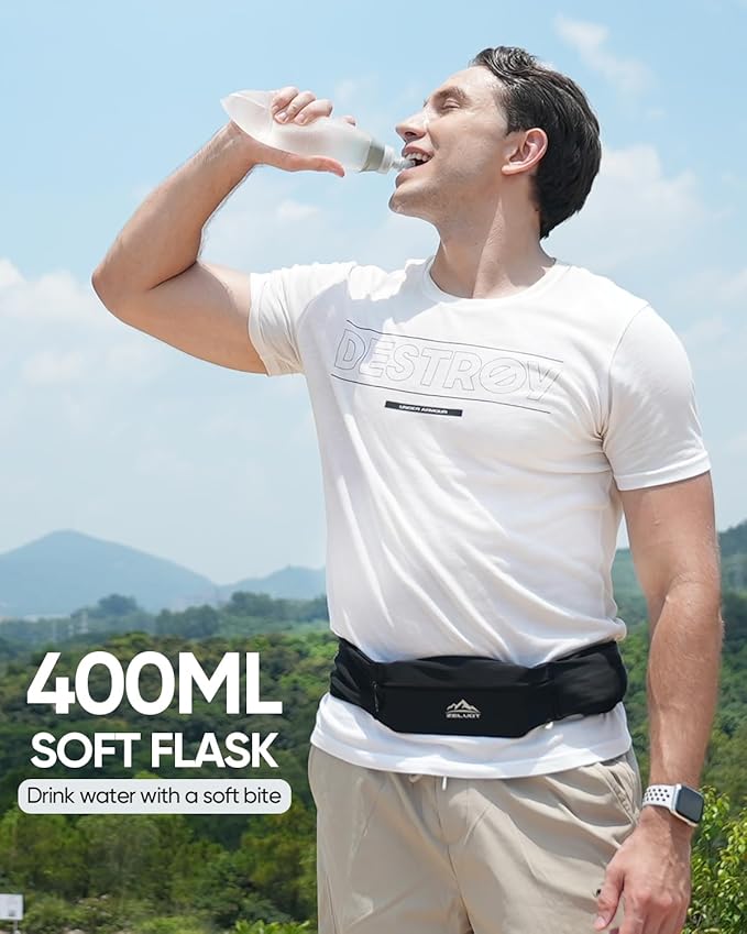 Zelvot Running Belt with 400ml Soft Flask, Extension Strap & Phone Holder, Adjustable Running Fanny Pack with Gym Towel, Waterproof Belt Bag for Women Men for Jogging Hiking Marathon (Black, Medium)