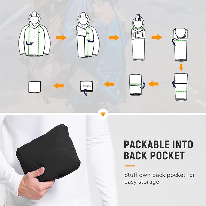 baleaf Men's Rain Jacket Waterproof Windbreaker Raincoat Running Cycling Hiking Gear Hood Lightweight Reflective Packable