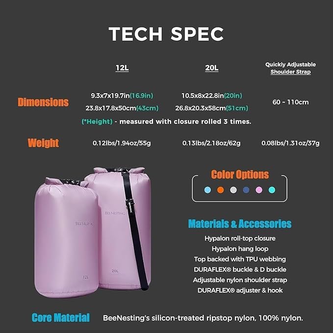 Bee Nesting Ultralight Dry Bag Set for Backpacking, Waterproof Dry Sack for Camping, Hiking, Motorcycle, Lightweight Stuff Sack Set of 3 Pack