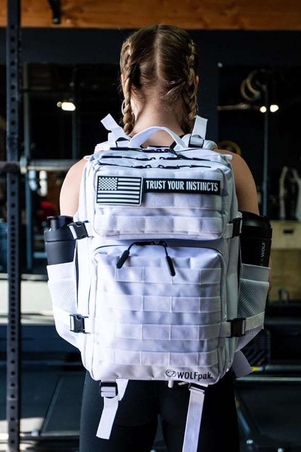 WOLFpak 35L Athletic Gym Backpack - Durable 1000D Waterproof Oxford Material with MOLLE Webbing, Laptop Pocket & Dual Cup Holders, Durable Fitness/Travel/Military Daypack (Polar White)