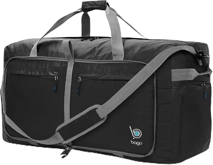 Bago Large Foldable Duffel Bags for Traveling Women & Men - 120L Packable Duffle Bag for Travel with Shoe Compartment - Water Repellant, Heavy Duty, Lightweight Folding & Collapsible (Black)