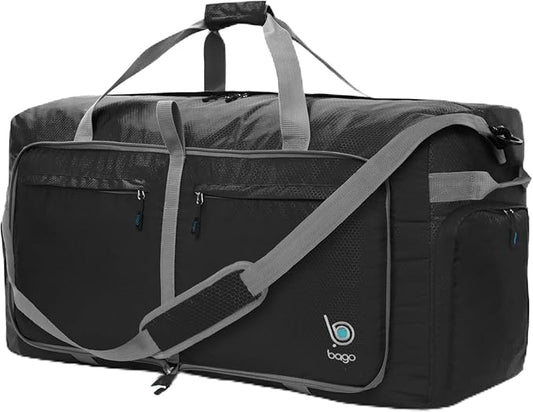 Bago Large Foldable Duffel Bags for Traveling Women & Men - 120L Packable Duffle Bag for Travel with Shoe Compartment - Water Repellant, Heavy Duty, Lightweight Folding & Collapsible (Black)