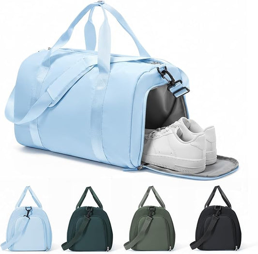 Gym Duffle Bag for Women Carry on Luggage Travel Essentials Airline Approved Personal Item 18x14x8 Inches Lightweight Weekender Sports Travel Duffel Bag with Shoe Compartment Wet Pocket Men LightBlue