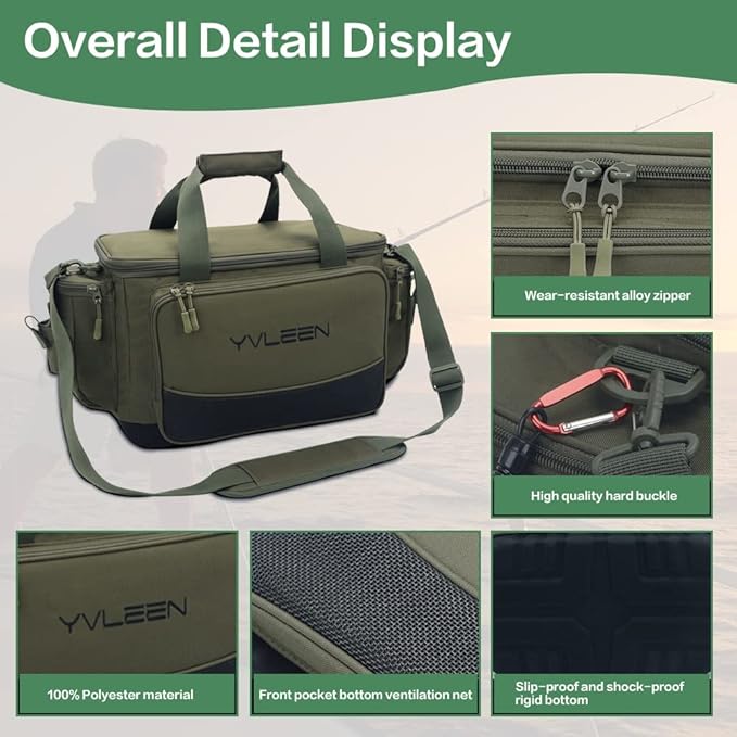 YVLEEN Fishing Tackle Box Bag - Outdoor Large Fishing Tackle Storage Bag - 100% Water-Resistant Polyester Material - Fishing Tackle Bags - Suitable for 3600 3700 Tackle Box (Army Green)